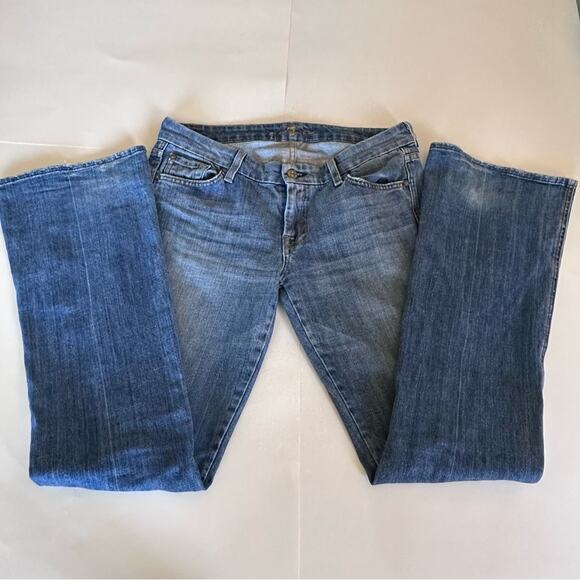 7 For All Mankind Blue Distressed Denim Flare Leg Jeans Style# U130j055u-055u - Picture 9 of 10